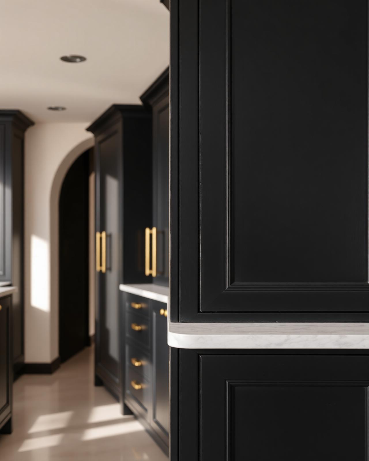 Brushed brass hardware on matte black cabinetry