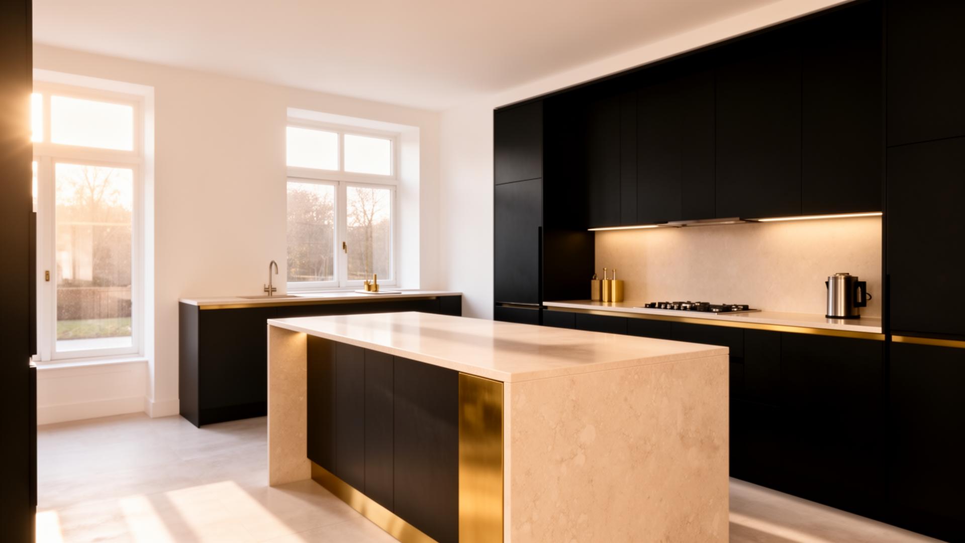 Luxury Massachusetts kitchen with marble island and brass hardware